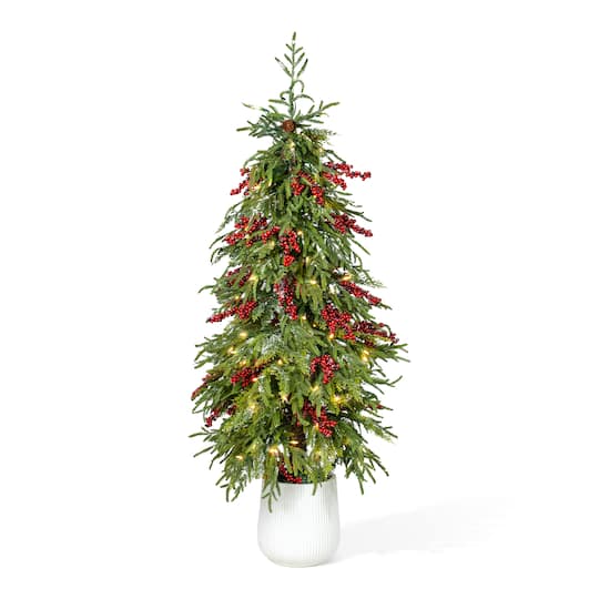 Glitzhome 5ft Pre-Litnorfolk Pine Berry Porch 4 1/2 Foot Pre-Lit Multi-Function Lights Pine Christmas Tree, One Size, Green